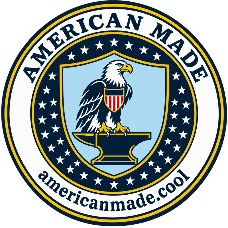 AmericanMade seal with an eagle and striped chest shield perched on an anvil against baby blue